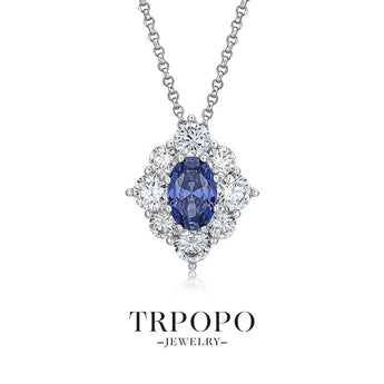 Oval Sapphire & Diamond Cluster Pendant Necklace - TRPOPO