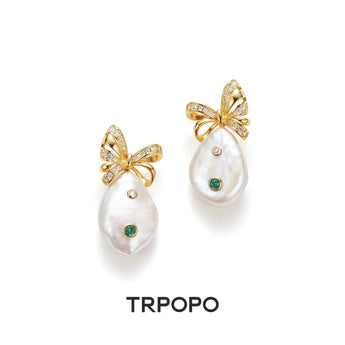 Pearl Bow Drop Earrings with Blue Sapphire - TRPOPO