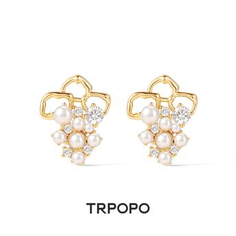 Pearl & Diamond Cluster Stud Earrings - TRPOPO