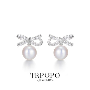 Pearl & Diamond - Embellished Bow - Design Stud Drop Earrings - TRPOPO