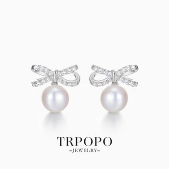 Pearl & Diamond - Embellished Bow - Design Stud Drop Earrings - TRPOPO