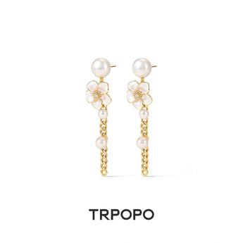 Pearl Flower Chain Drop Earrings - TRPOPO
