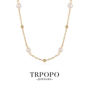 Pearl & Gold Bead Interspersed Necklace - TRPOPO