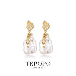 Plated Baroque Pearl Drop Earrings with Shell - shaped Top and Diamond Accents - TRPOPO