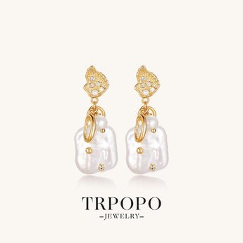 Plated Baroque Pearl Drop Earrings with Shell - shaped Top and Diamond Accents - TRPOPO