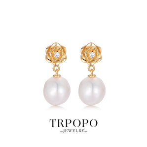 Plated Floral Pearl Drop Earrings with Diamond Accents - Gold - TRPOPO