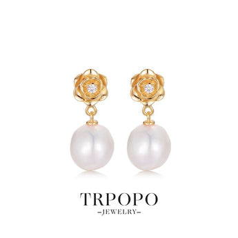 Plated Floral Pearl Drop Earrings with Diamond Accents - Gold - TRPOPO