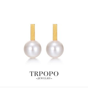 Plated Rectangular Bar & Round Pearl Stud Drop Earrings - Gold - TRPOPO