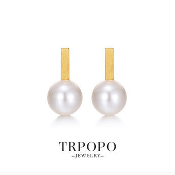 Plated Rectangular Bar & Round Pearl Stud Drop Earrings - Gold - TRPOPO