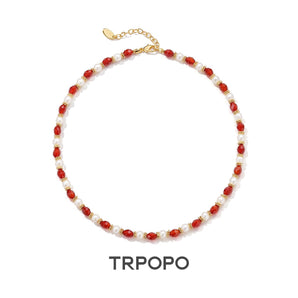 Radiant Red Agate & Pearl Beaded Necklace - TRPOPO