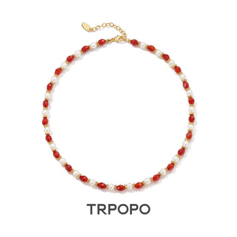 Radiant Red Agate & Pearl Beaded Necklace - TRPOPO