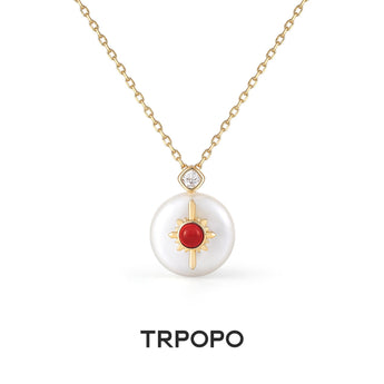 Red Gemstone Sunburst Pearl Pendant Necklace - TRPOPO