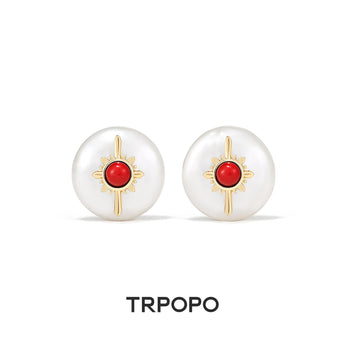 Red Gemstone Sunburst Pearl Stud Earrings - TRPOPO