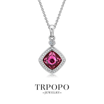 Rose Red Gem Diamond Halo Pendant Necklace - TRPOPO