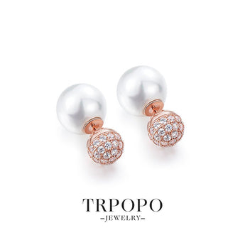 Round Pearl and Diamond - Accented Stud Earrings - Rose Gold - TRPOPO