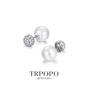 Round Pearl and Diamond - Accented Stud Earrings - Silver - TRPOPO