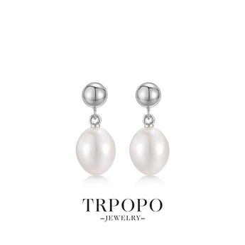 Round Pearl Drop - Style Stud Earrings - Silver - TRPOPO
