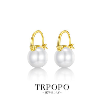Round Pearl Gold Drop Hoop Earrings - Gold - TRPOPO