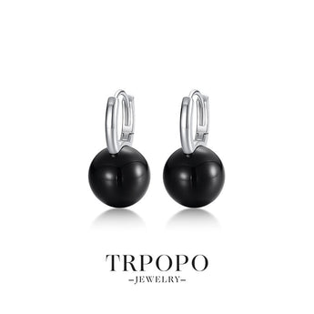 Round Pearl Hoop Drop Earrings - Black - TRPOPO