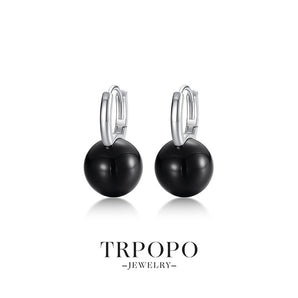 Round Pearl Hoop Drop Earrings - Black - TRPOPO