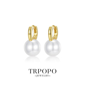 Round Pearl Hoop Drop Earrings - Gold - TRPOPO