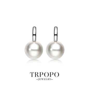 Round Pearl Hoop Drop Earrings - Silver - TRPOPO
