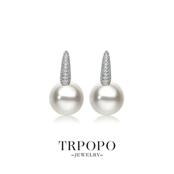 Round Pearl - Plated Diamond - Embellished Hoop Drop Earrings - Silver - TRPOPO