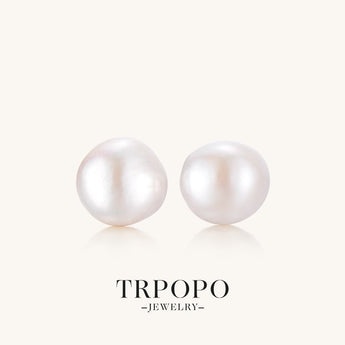 Round Pearl Stud Earrings in Gold Setting - TRPOPO