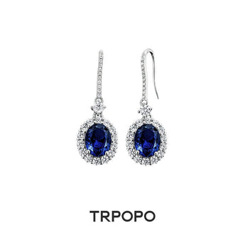 Sapphire Oval Halo Drop Earrings - TRPOPO