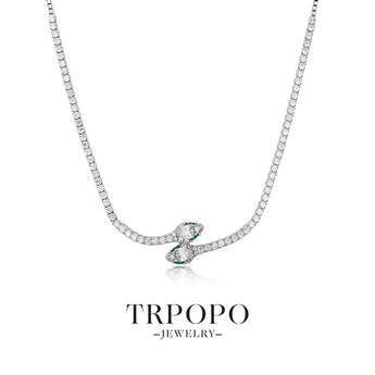 Snake Shaped Diamond and Green Gem Necklace - TRPOPO