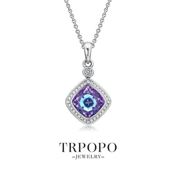 Square Pink Purple Gem Diamond Halo Pendant Necklace - TRPOPO