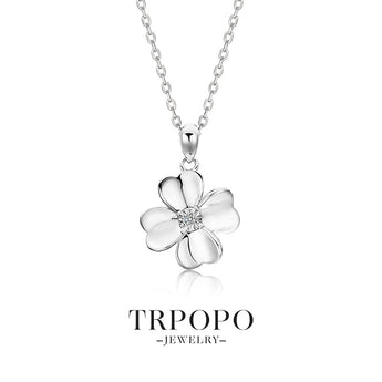 Sterling Silver Clover Necklace with Diamond & platinum - TRPOPO