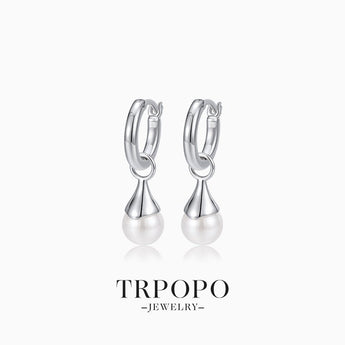 Sterling Silver Hoop Earrings with Pearl Droplets - TRPOPO