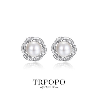 Sterling Silver Pearl & Diamond Cluster Stud Earrings - TRPOPO