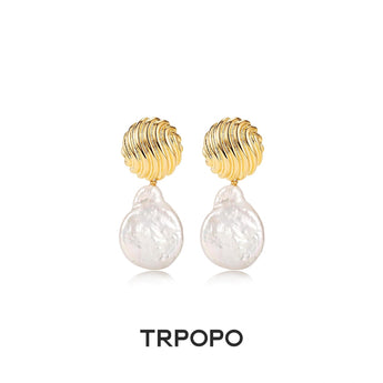 Textured Gold Baroque Pearl Drop Earrings - TRPOPO