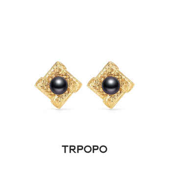 Textured Gold Black Pearl Stud Earrings - TRPOPO