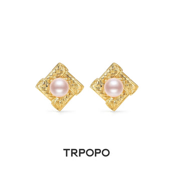 Textured Gold Black Pearl Stud Earrings - TRPOPO