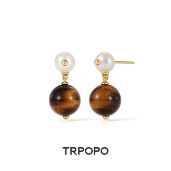 Tiger's Eye & Pearl Drop Earrings - TRPOPO