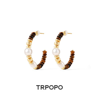 Tiger's Eye & Pearl Hoop Earrings - TRPOPO
