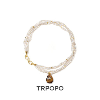 Triple Strand Pearl Tiger's Eye Diamond Pendant Necklace - TRPOPO