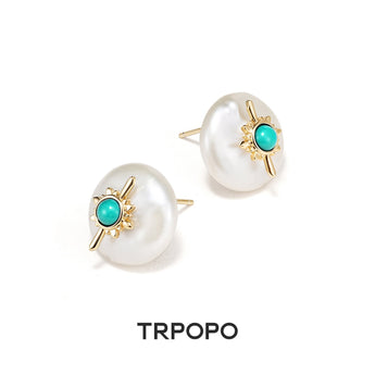 Turquoise Sunburst Pearl Stud Earrings - TRPOPO