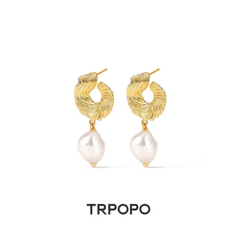 Twisted Gold Baroque Pearl Drop Earrings - TRPOPO
