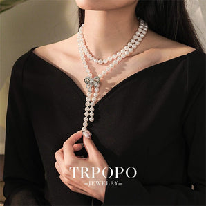 Versatile Baroque Pearl Bow Tassel Necklace - TRPOPO