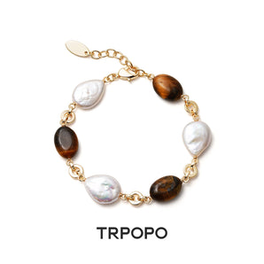 Baroque Pearl & Tiger's Eye Gold Chain Bracelet - TRPOPO