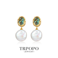 Baroque Pearl & Tiger's Eye Gold Earrings - Green Gemstone - TRPOPO