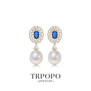 Blue Cubic Zirconia Embellished Pearl Earrings - TRPOPO