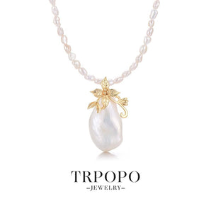 Gold - adorned Baroque Pearl Necklace - TRPOPO
