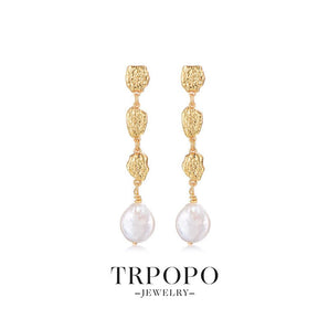 Gold - Textured Pearl Drop Earrings - TRPOPO