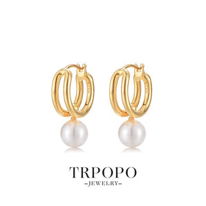 Golden Loop Pearl Dangle Earrings - TRPOPO