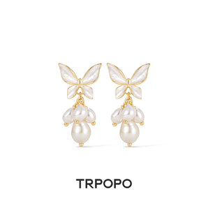Iridescent Butterfly & Baroque Pearl Drop Earrings - TRPOPO